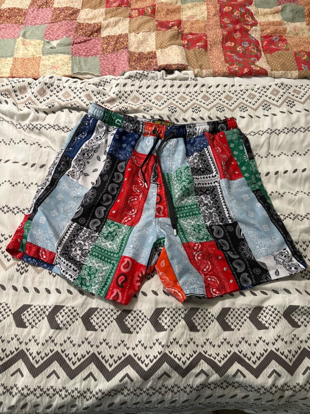 Surf society men’s extra large Men's Multicolor Patchwork Bandana Print Shorts